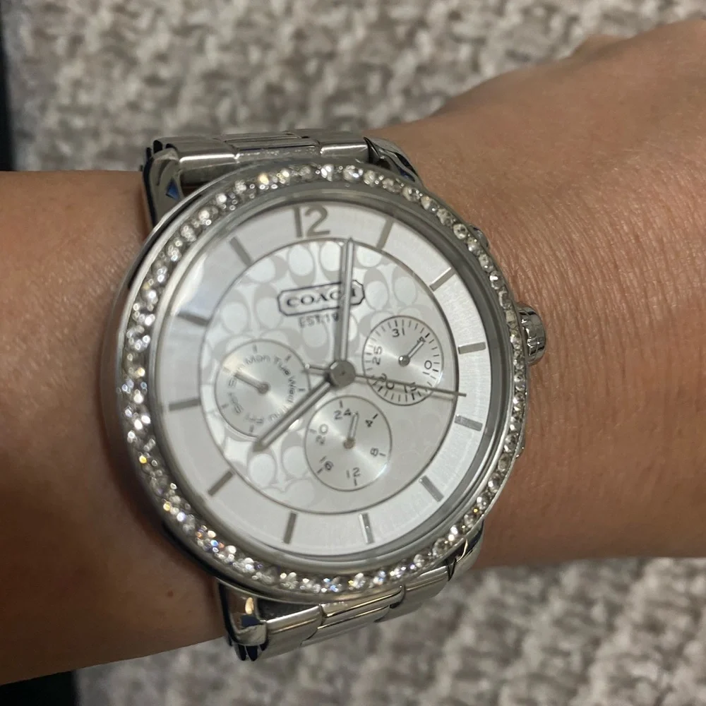 Coach Silver Stainless Steel Crystal Bezel Women's Watch New Battery